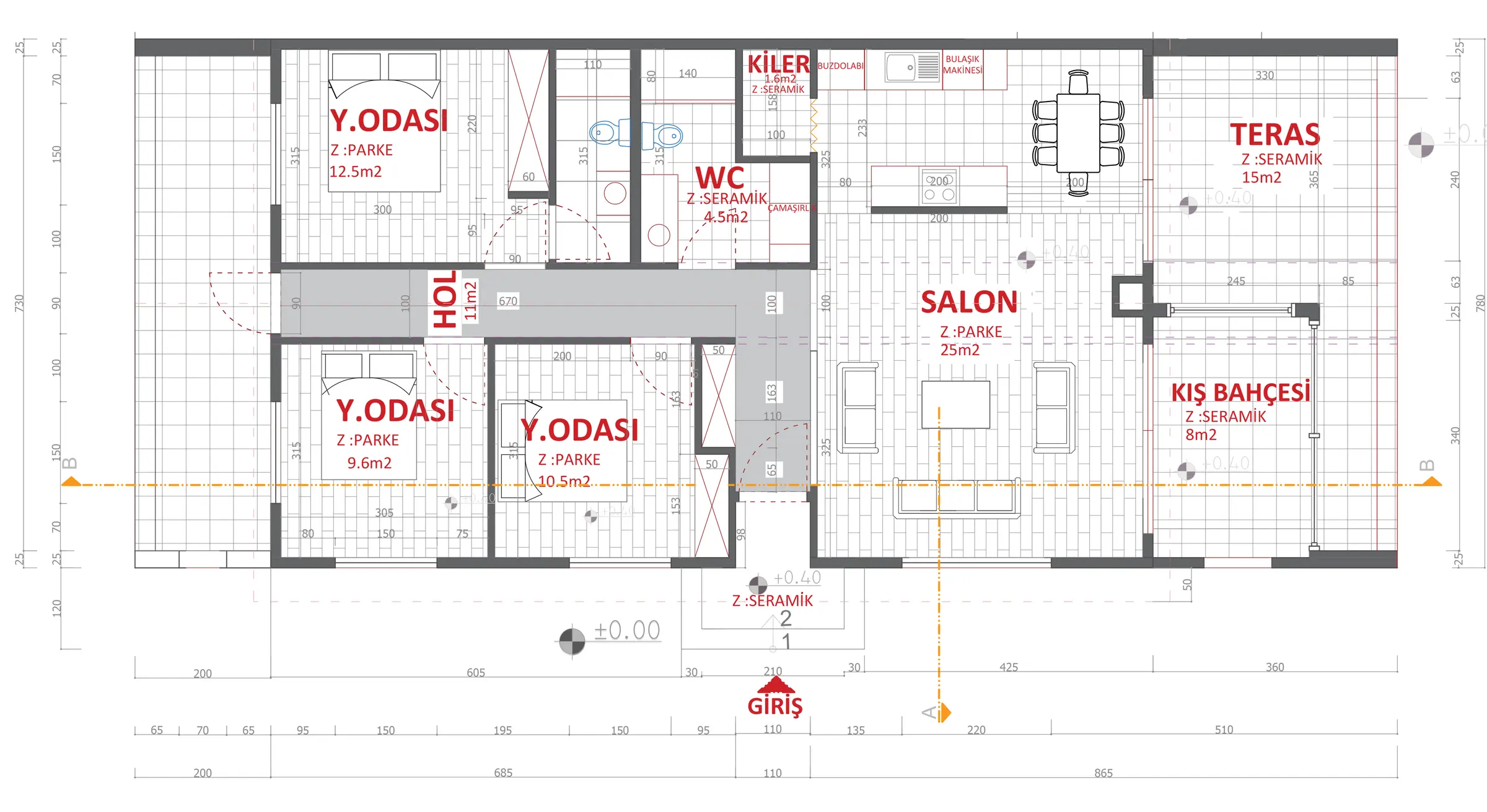 No:1 ev kat planı: yatak odaları, hol, WC, salon, teras ve kış bahçesi; kırmızı mahal etiketleriyle.
