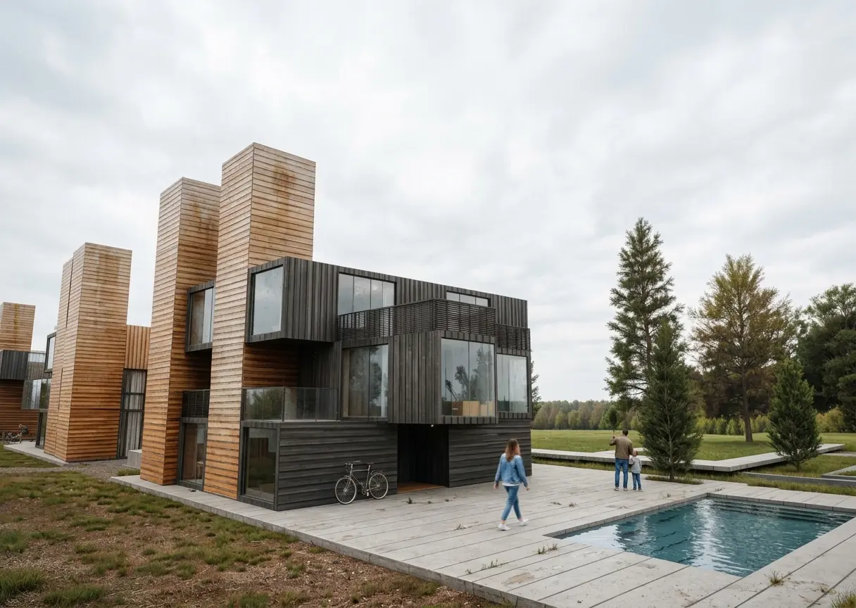 A container house by the pool with timber-clad towers (visualisation)