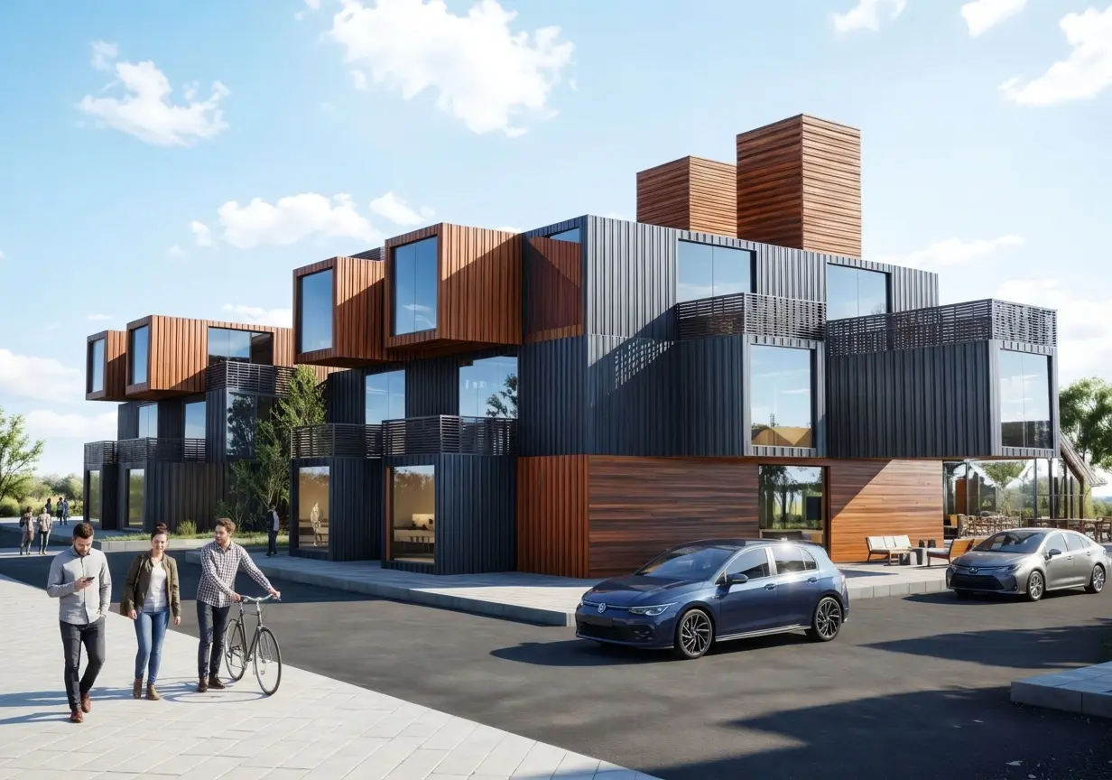 Stacked container units and terraces from the street (visualisation)