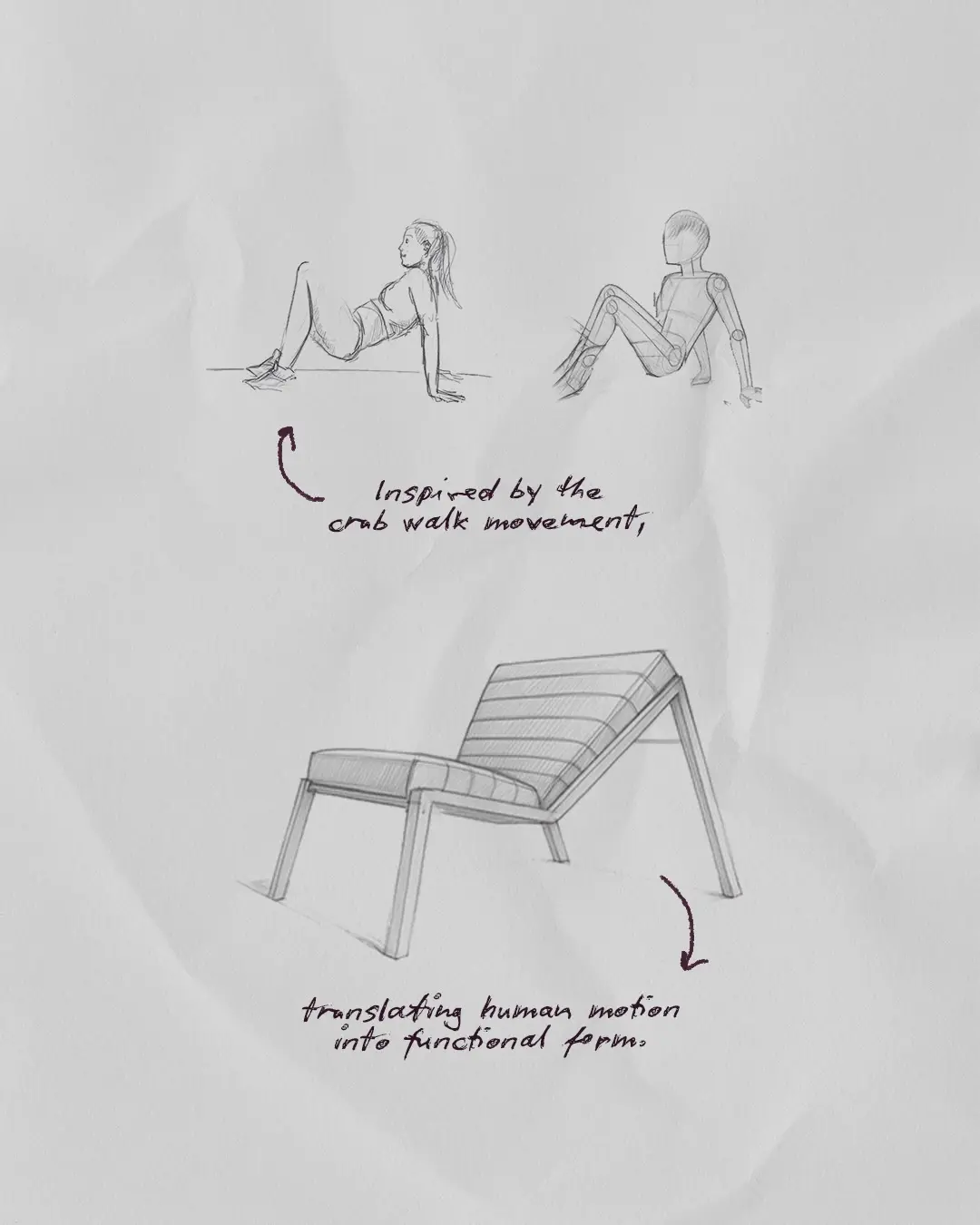 Sketches: figures in the crab-walk pose and the chair drawing derived from it, with handwritten notes