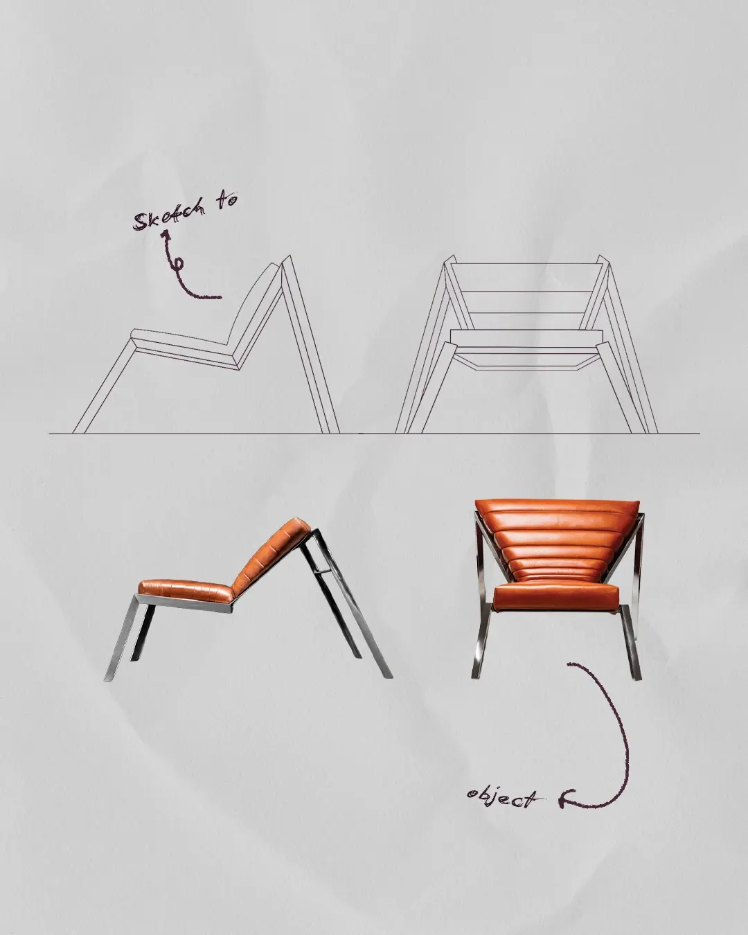 From line drawing to object: side and front elevations of the chair above the corresponding leather-and-steel models