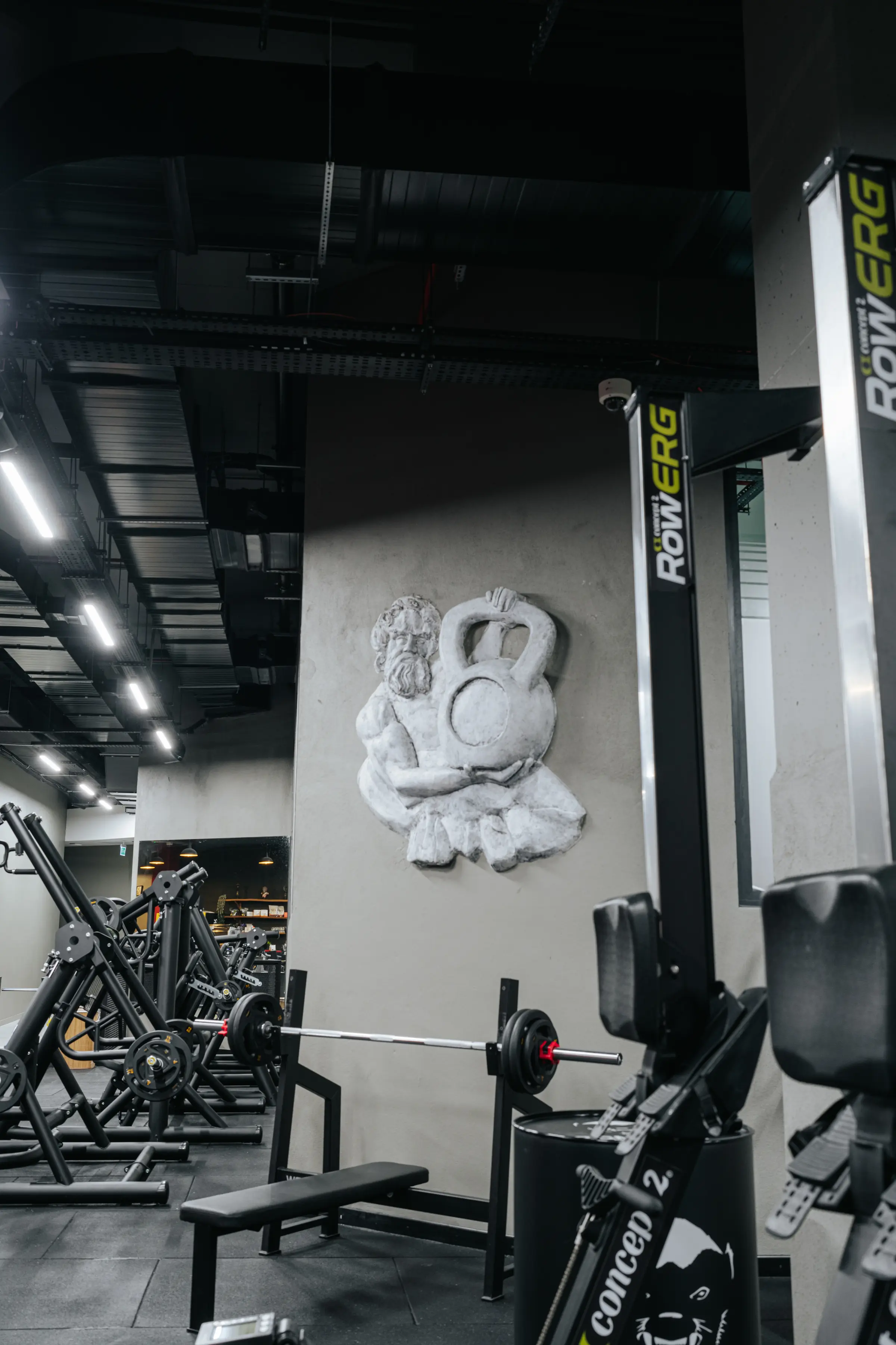 Duvarda kabartma kettlebell rölyefi ve önünde kürek ergometreleri.