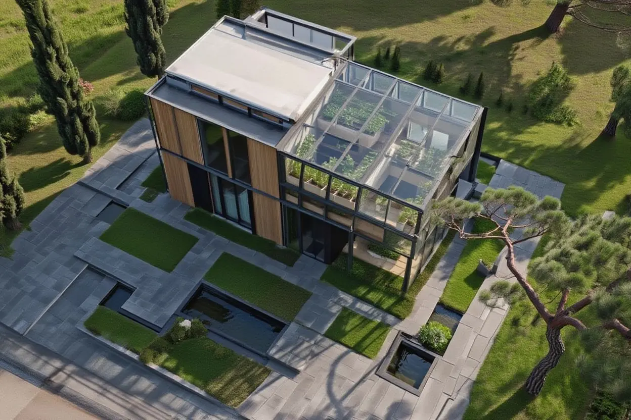 Aerial view: rooftop greenhouse, courtyards and stone paving (visualisation)