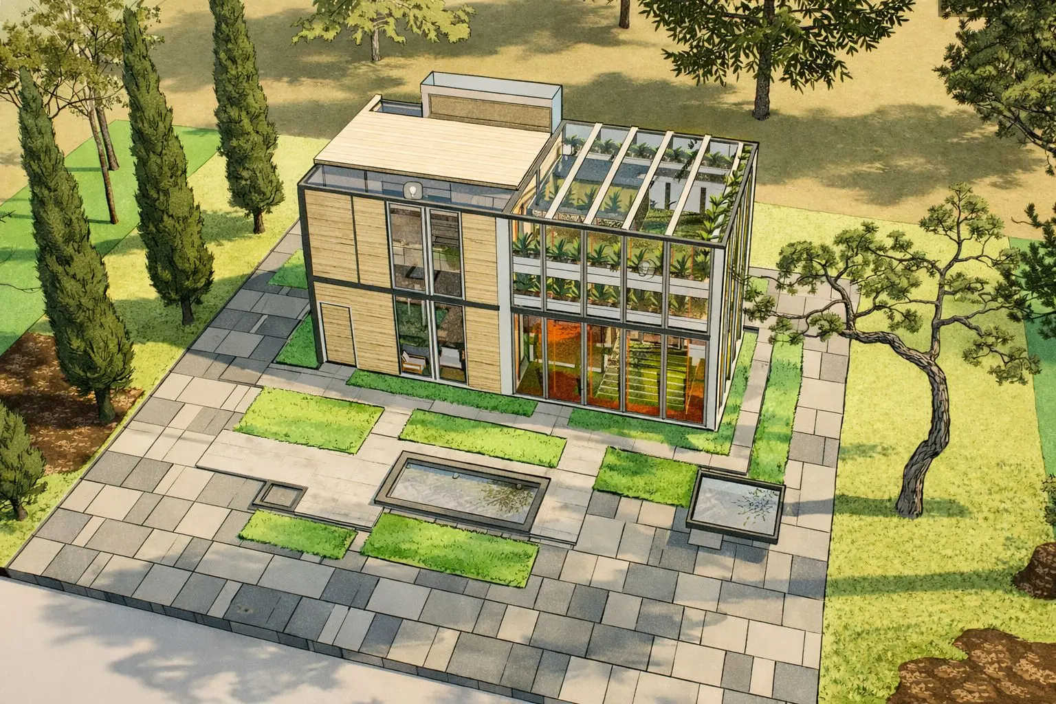 Aerial view of the house with its garden and rooflights (visualisation)