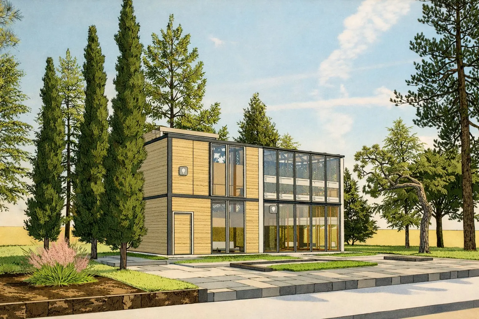 Timber-clad house and glazed greenhouse among cypress trees (visualisation)