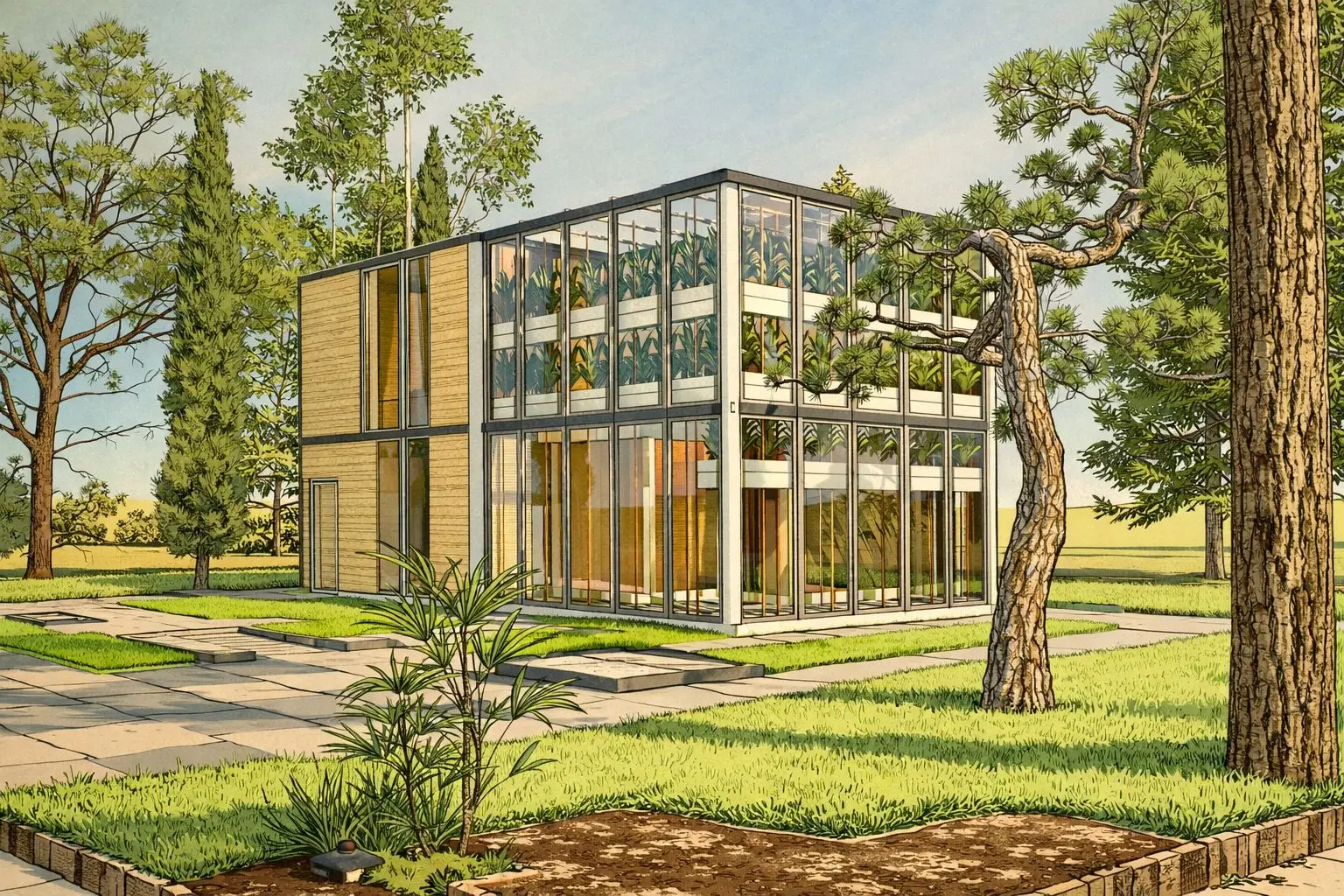 The planted glass greenhouse wing beside the timber volume (visualisation)