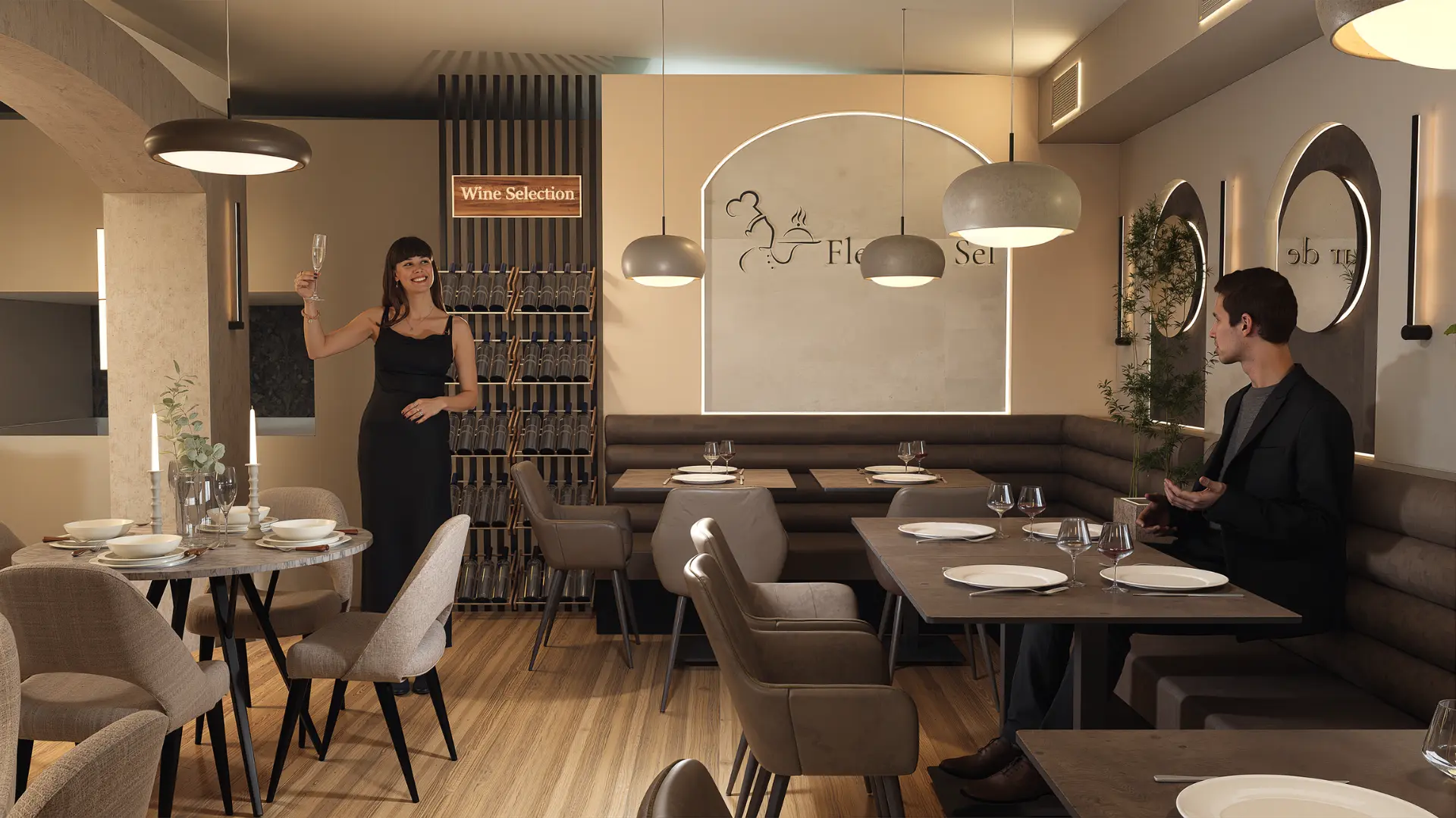 Fleur de Sel logolu kemerli panel, 'Wine Selection' rafı ve banket oturma.