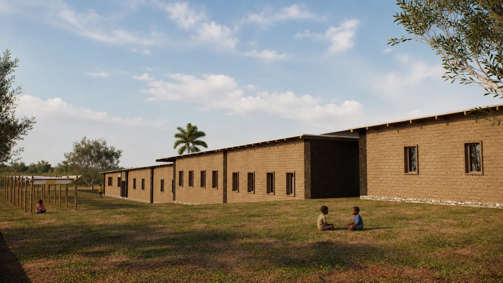 Happy Lightness School, Burundi: kerpiç duvarlı yatılı okul ve çimenli avlu (görselleştirme)
