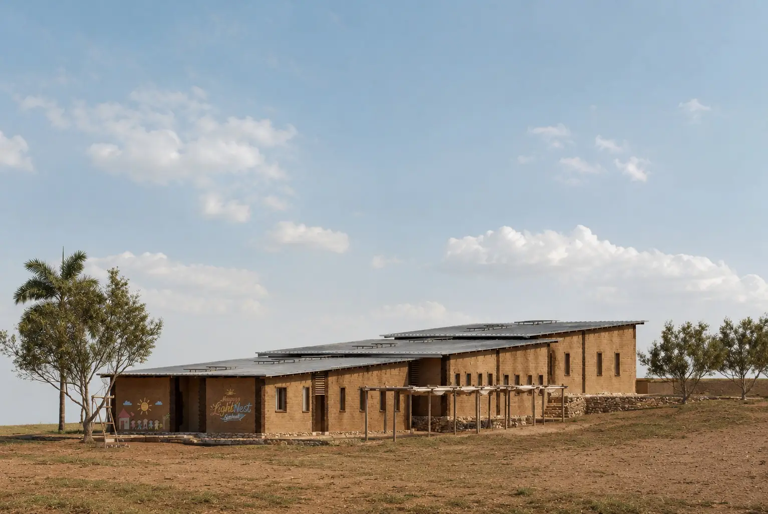 Happy Lightness School, Burundi: düzlükte kerpiç duvarlı okul ve ahşap gölgelik (görselleştirme)