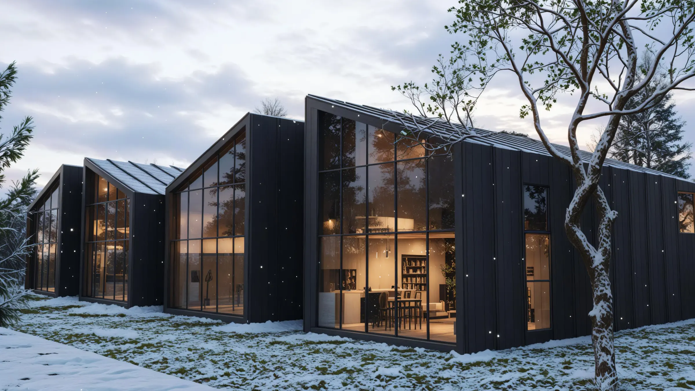 Karlı arazide aydınlatılmış kabinler, alacakaranlık.