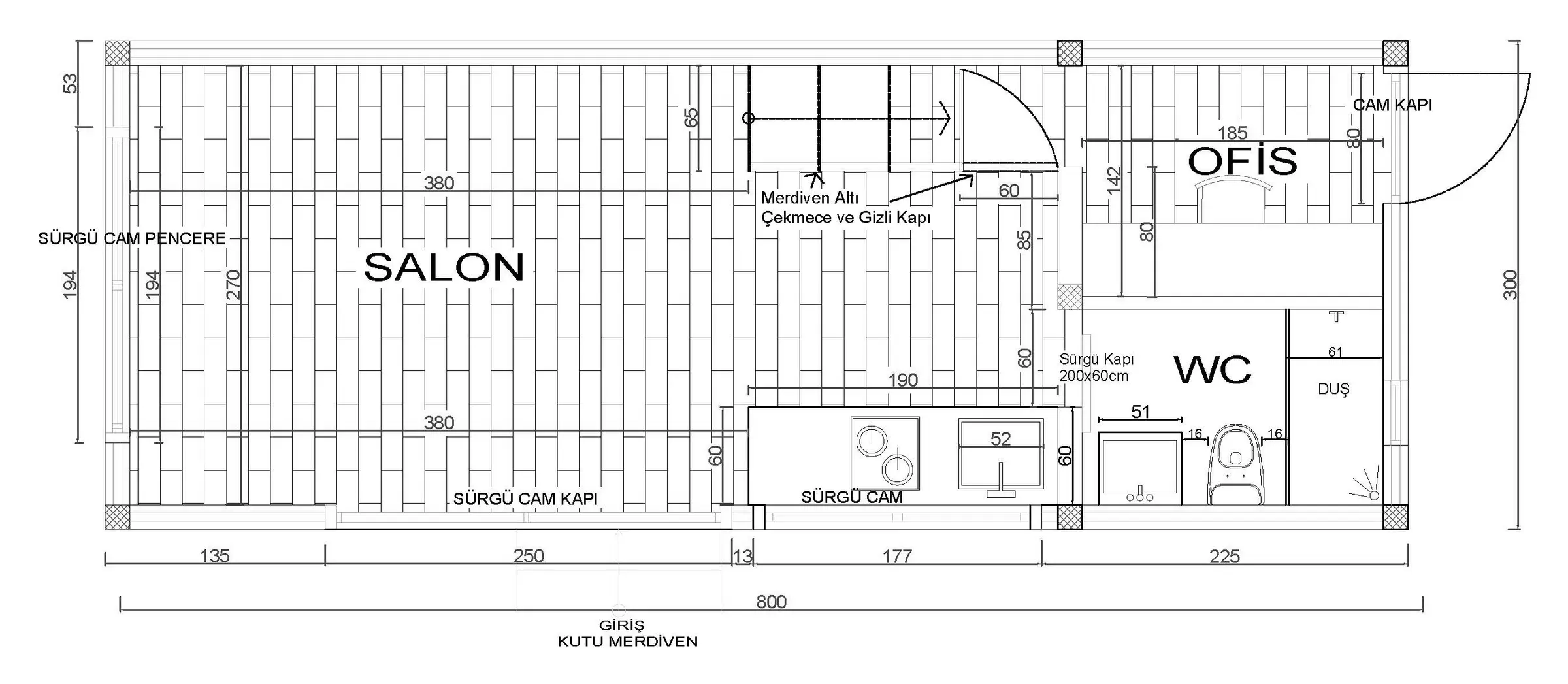 Dimensioned floor plan: living room, office, WC, shower, under-stair drawers with a hidden door, and sliding doors.