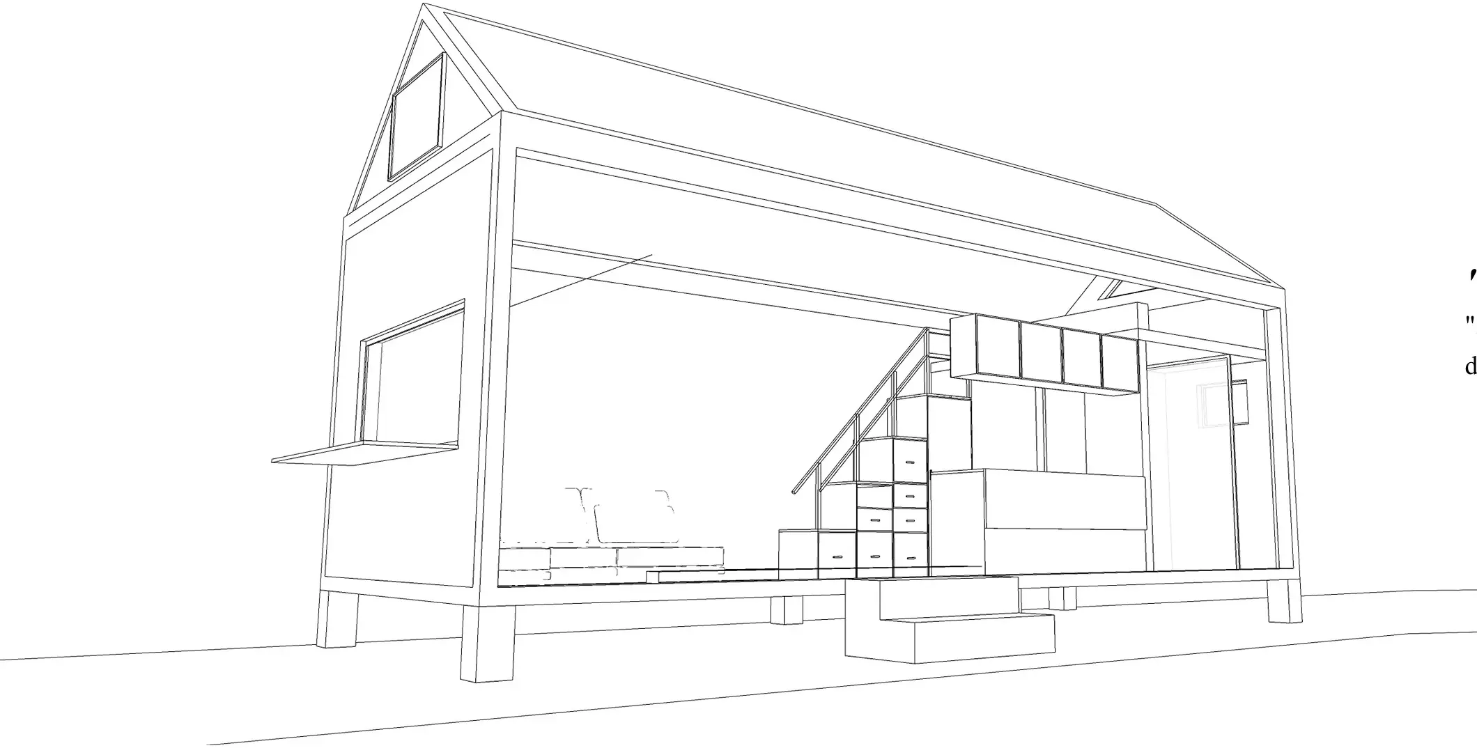 Perspective section of the house showing the mezzanine, storage stair and living area in a single volume.