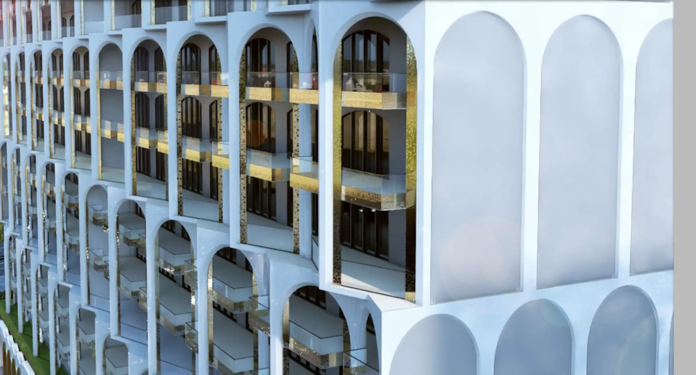 Kemerli cephe modülleri ve altın tonlu balkon nişleri, yakın görünüş