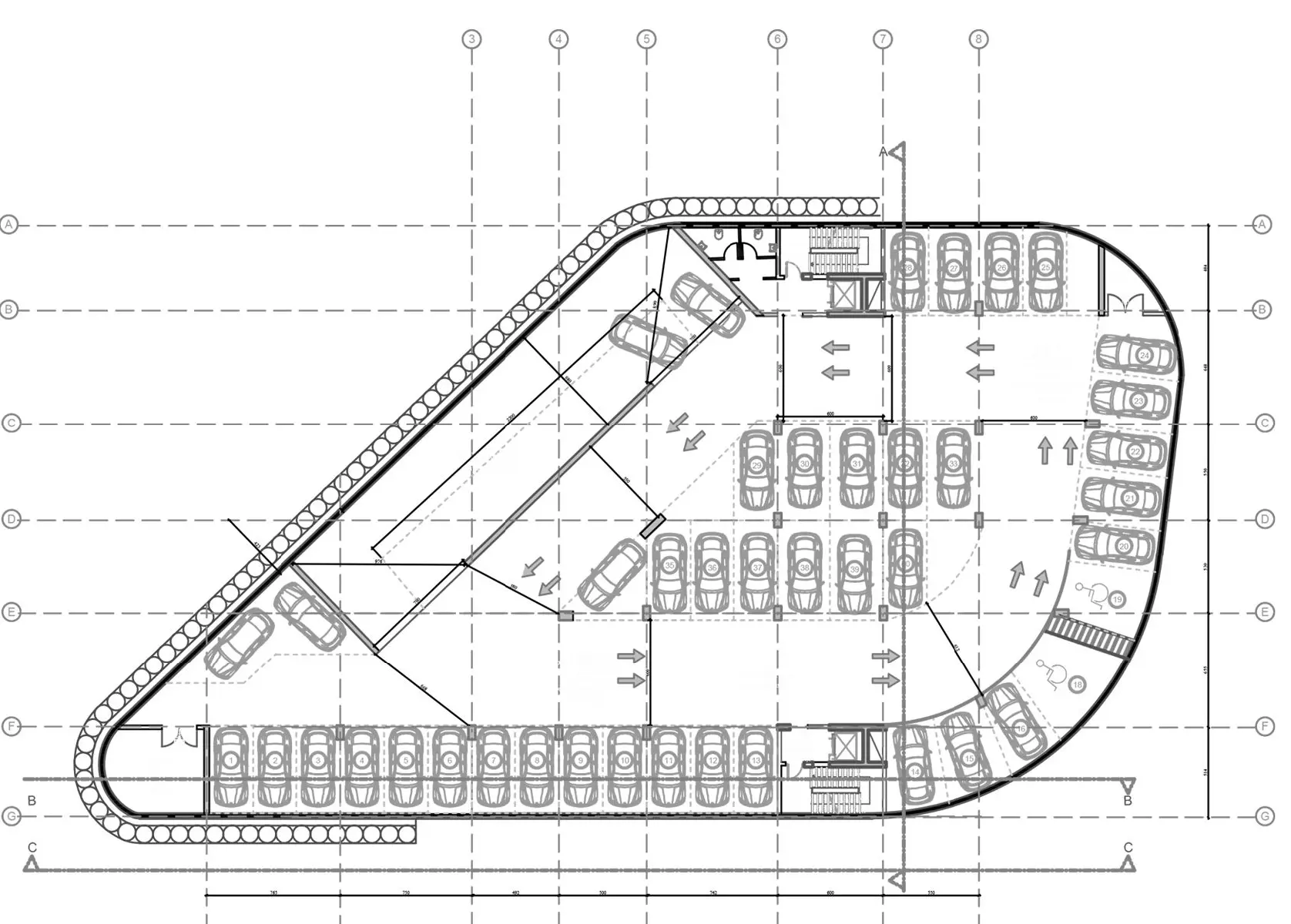 Tipik otopark katı planı: rampa ve park yerleri