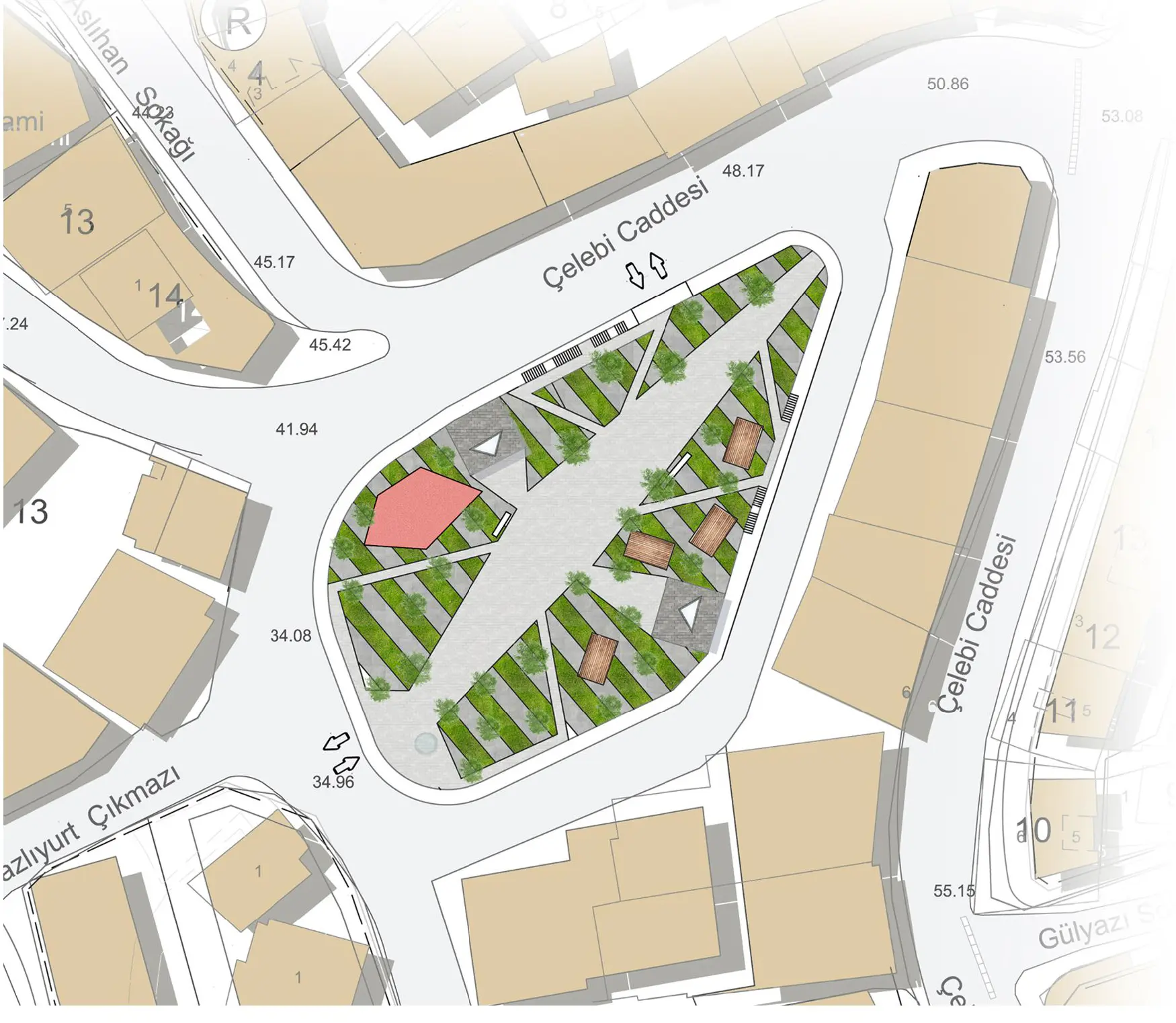 Vaziyet planı: üçgen ada ve çatıdaki kamusal park