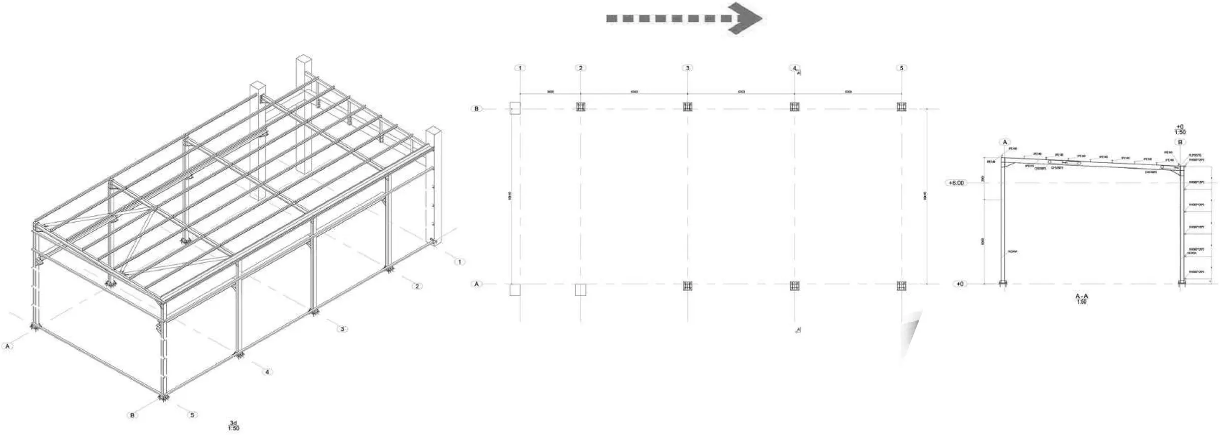 Çelik taşıyıcı sistemin aksonometrisi, plan aksı ve portal kesiti.