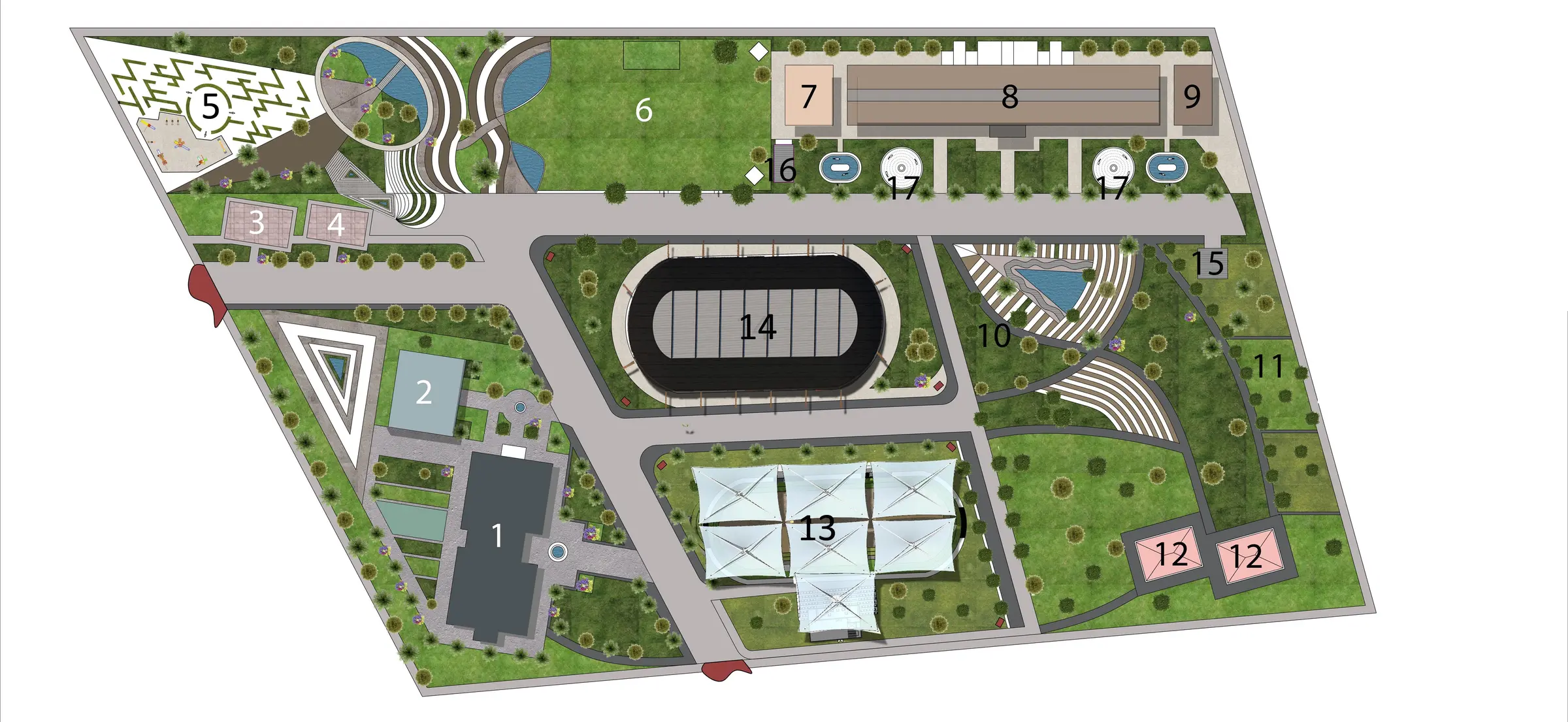 Doha at çiftliği vaziyet planı: arena, ahırlar ve numaralı bölgeler