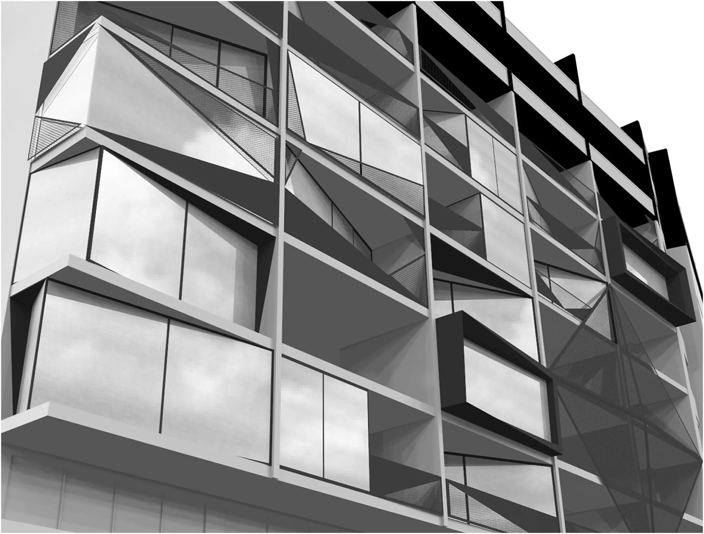 Balkon detayı: kırık yüzeyli cam ve metal paneller (görselleştirme)
