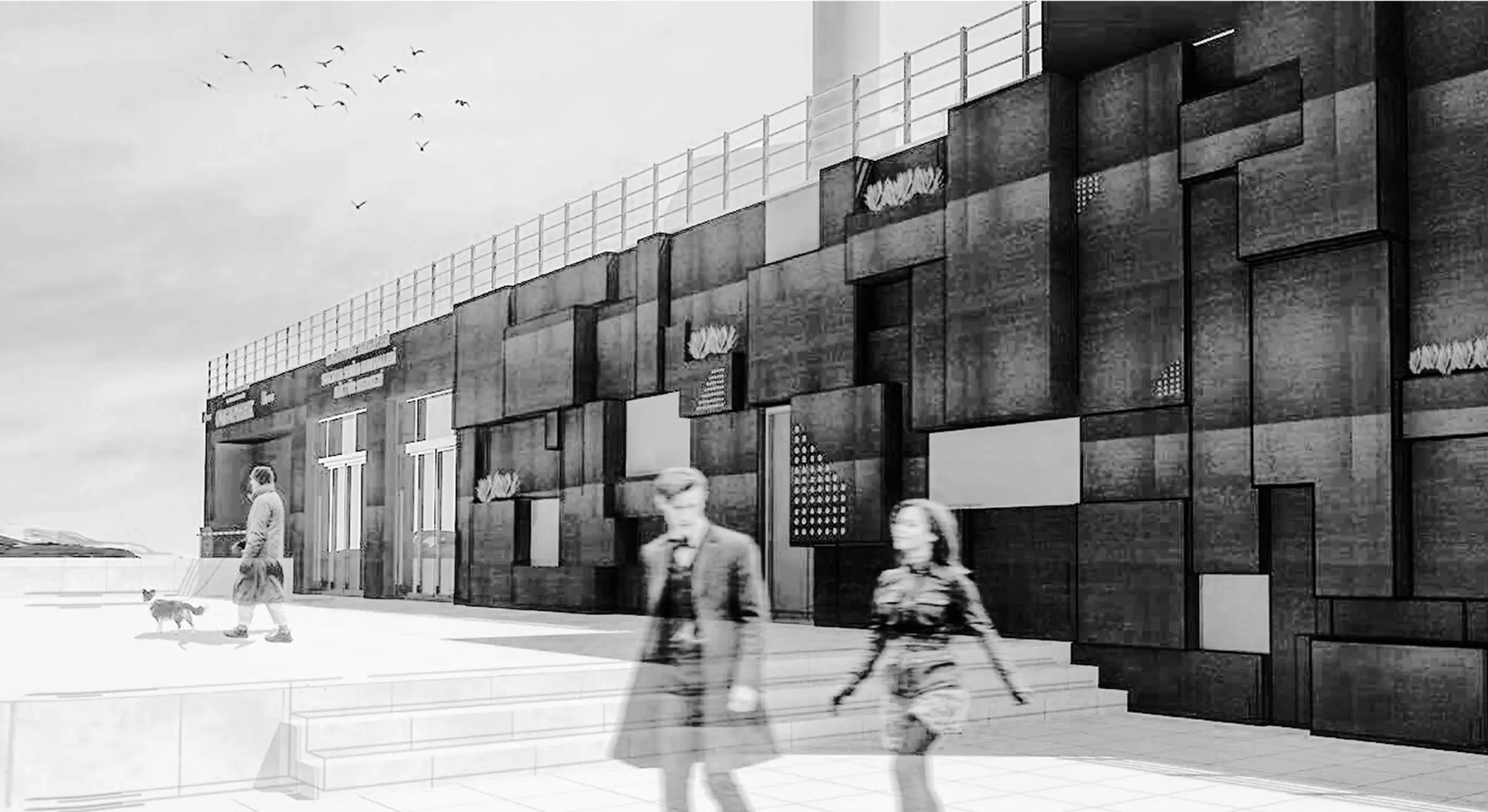 Visualisation of the facade: metal modules of varying size with passers-by
