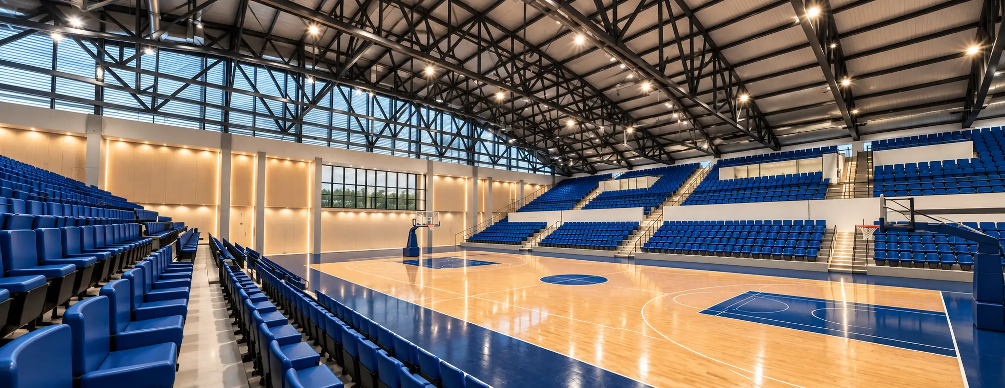 Çelik makaslı çatı altında mavi tribünlü basketbol salonu (görselleştirme)